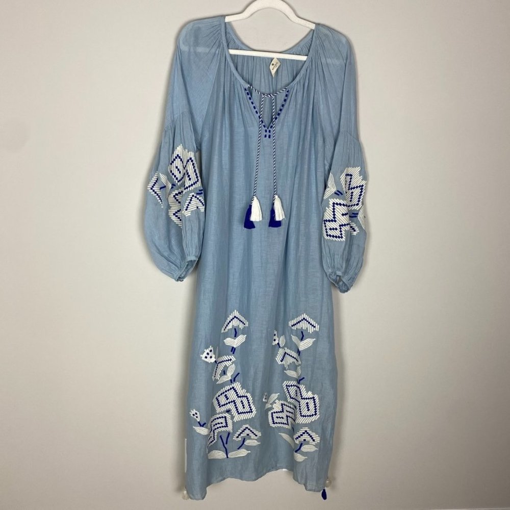 Benaras by Citrus Embroidered Boho Maxi Dress Blue Long Balloon Sleeves Belted